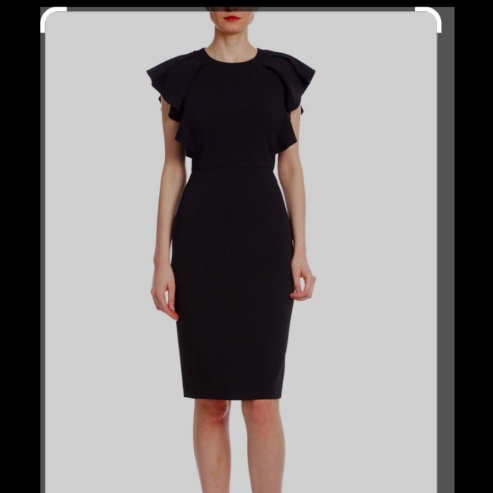 Badgley Mischka draped ruffle shoulder cocktail dress new with tags.  Selling